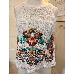 Anthropologie Maeve Embroidered Lace Shell Tank Top White Floral Sz Extra‎ Small